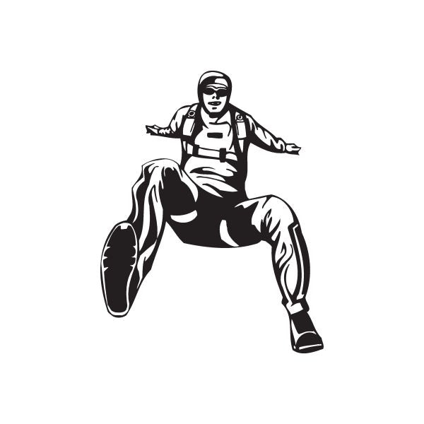 Skydiving leap pose decal with a black-and-white skydiver in seated spread-leg stance