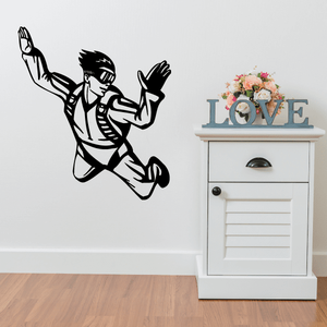 Black skydiving diver vinyl decal silhouette with raised hands and parachute lines