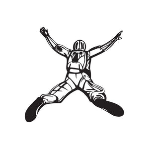 Skydiving open arms dive decal featuring a black-and-white parachuting figure