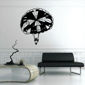 Open parachute skydiving decal with small diver silhouette, black design on light surface