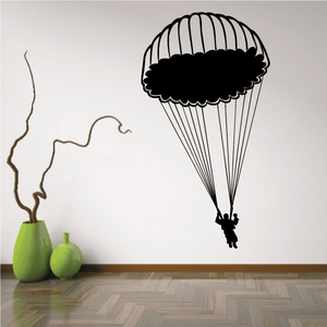 Parachute landing decal with black canopy, suspension lines, and skydiver silhouette