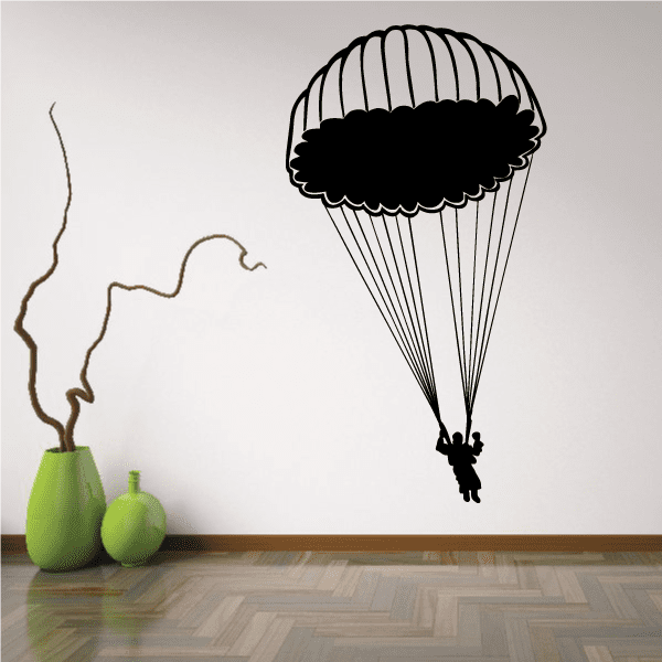 Parachute landing decal with black canopy, suspension lines, and skydiver silhouette