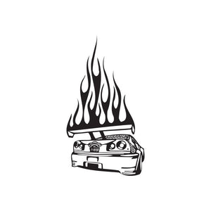 Flame-and-car front vinyl decal, black and white outline