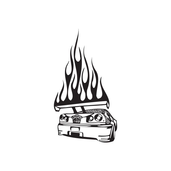 Flame-and-car front vinyl decal, black and white outline