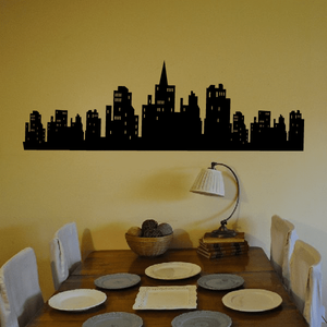 Black city skyline wall decal silhouette with tall buildings and varied rooftops