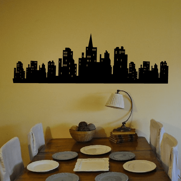 Black city skyline wall decal silhouette with tall buildings and varied rooftops