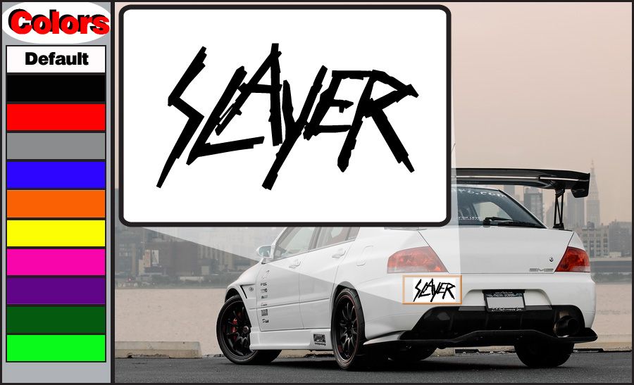 Slayer slim text decal with black stylized lettering on a car
