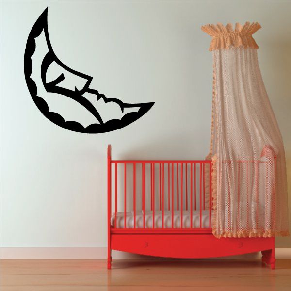 Black crescent moon wall decal with face and zigzag details