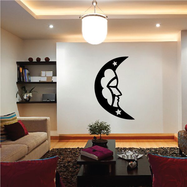 Crescent moon wall decal with sleeping woman silhouette in black and white