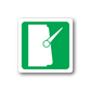 Green sticker with white card icon, diagonal line, and circular detail