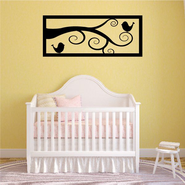 Small birds wall decal with branch and swirls, black silhouettes in rectangular frame