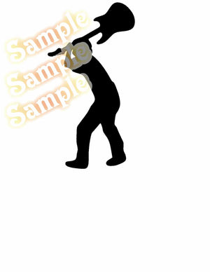 Black guitar decal of a person holding a guitar in a dynamic pose
