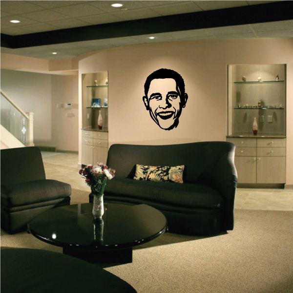 Smiling Barack Obama portrait wall decal, black outline face with beard