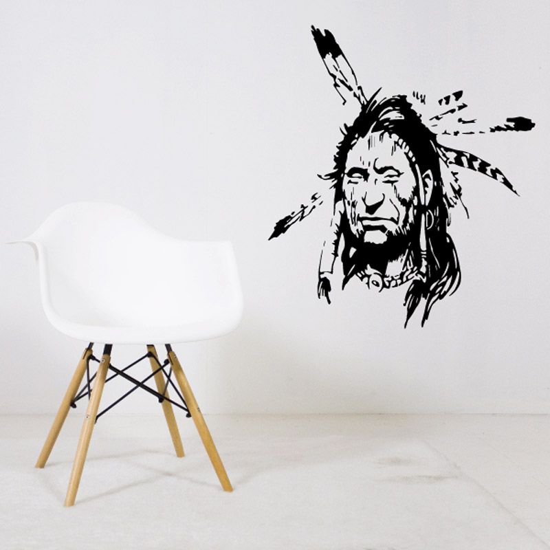 Smiling Native American wall decal with black illustrated face and headdress