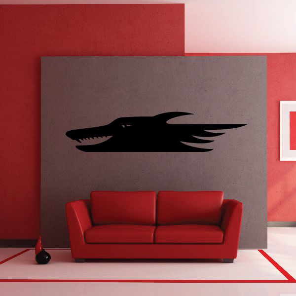 Black wolf head wall decal with stylized wings and tail