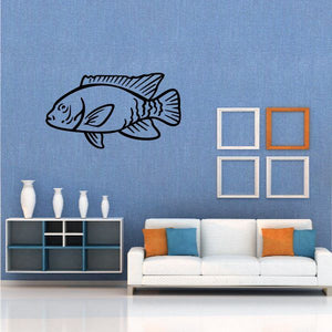 Smirking rock bass wall decal, black fish outline with small smile
