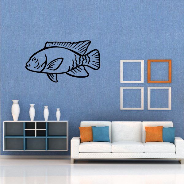 Smirking rock bass wall decal, black fish outline with small smile