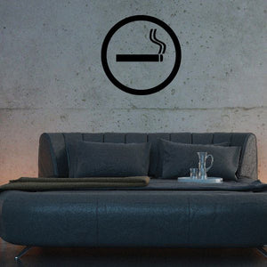 Circular wall decal with cigarette icon and smoke, vinyl business sign
