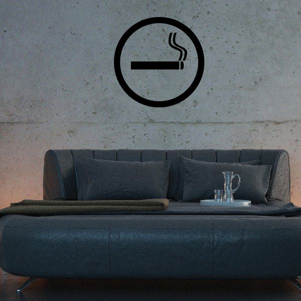 Circular wall decal with cigarette icon and smoke, vinyl business sign