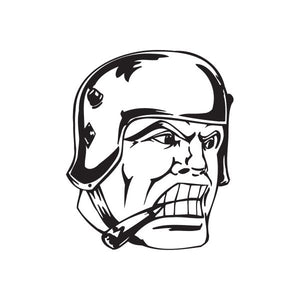 Helmeted soldier face decal in black and white, bold line art