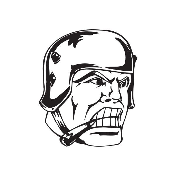 Helmeted soldier face decal in black and white, bold line art