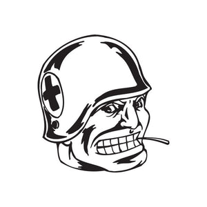 Black-and-white stylized sailor skull face decal with helmet and cigarette smoke