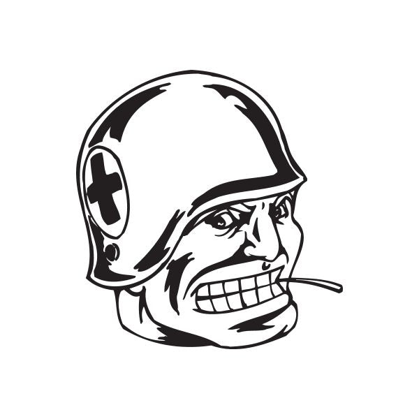Black-and-white stylized sailor skull face decal with helmet and cigarette smoke
