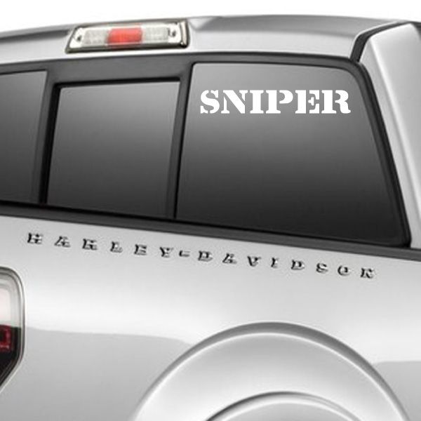 Sniper decal with large SNIPER text on car rear window