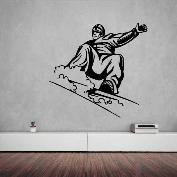 Snowboarder riding mountain decal, black and white outline with helmet and snowboard