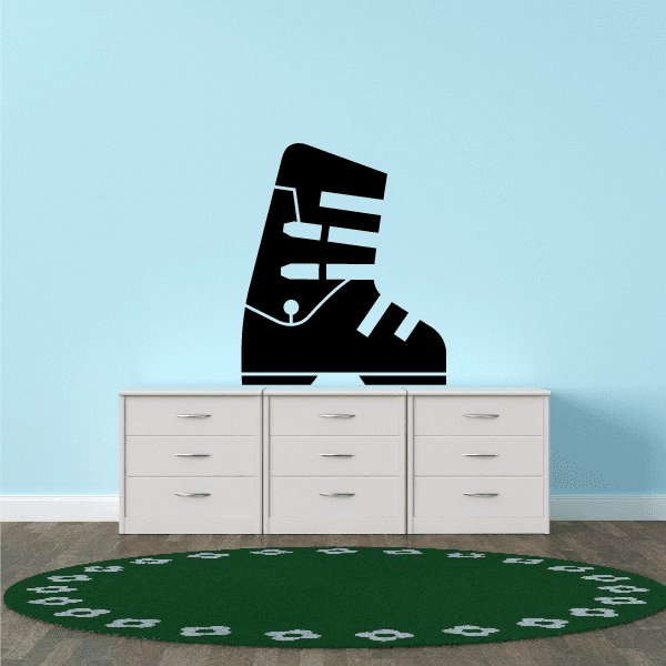 Black snowboard boot wall vinyl decal with white laces and board details