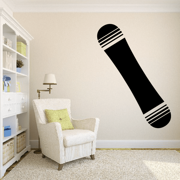 Snowboard wall decal, black snowboard silhouette with white striped lines