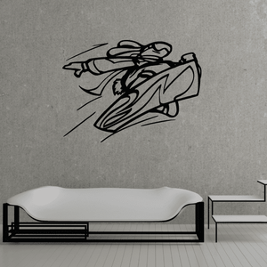 Snowboarding wall decal vinyl sticker, black line-art snowboarder and board on wall