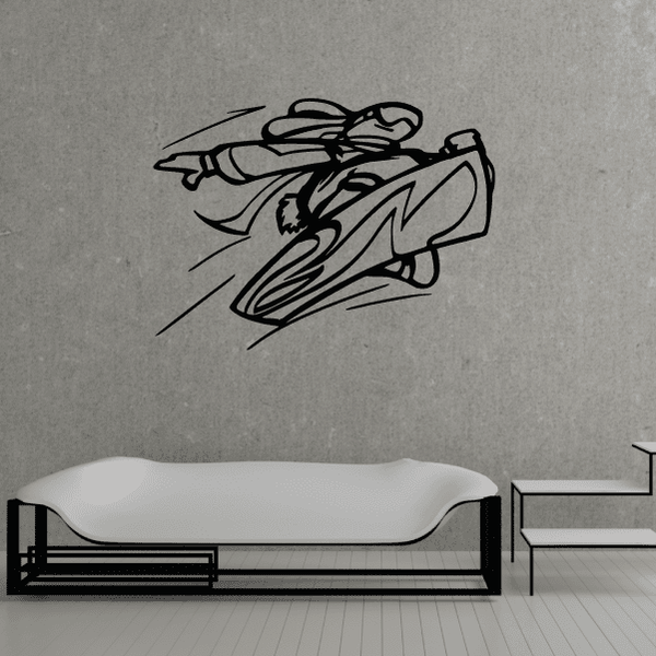 Snowboarding wall decal vinyl sticker, black line-art snowboarder and board on wall