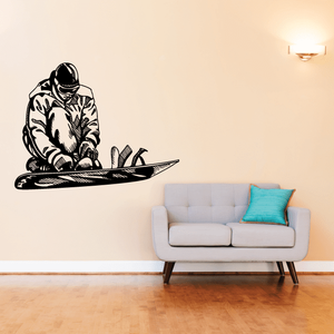 Snowboarding wall decal vinyl of black snowboarder holding board, bold outline