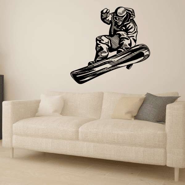 Black snowboarder wall decal on snowboard, vinyl sticker design.