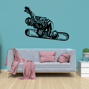 Snowboarding wall decal vinyl of black snowboarder silhouette on snowboard