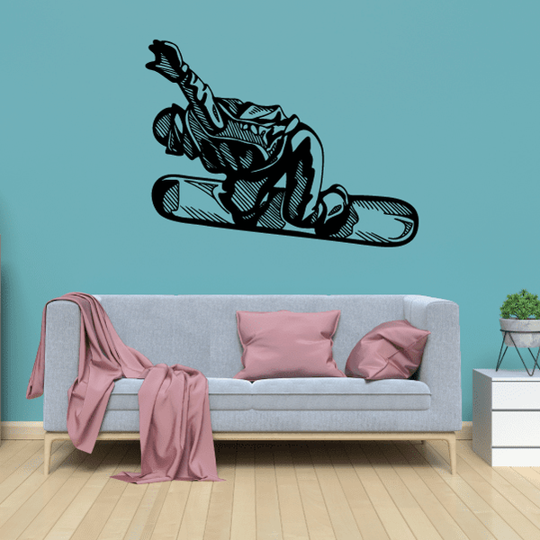 Snowboarding wall decal vinyl of black snowboarder silhouette on snowboard