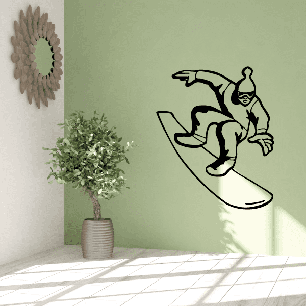 Snowboarding wall decal, vinyl black snowboarder silhouette and board outline