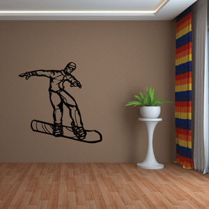 Snowboarding wall decal with black outline snowboarder on a board