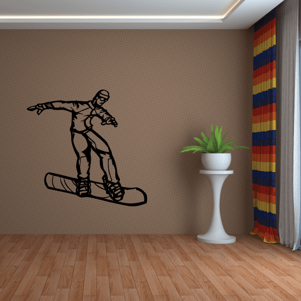 Snowboarding wall decal with black outline snowboarder on a board