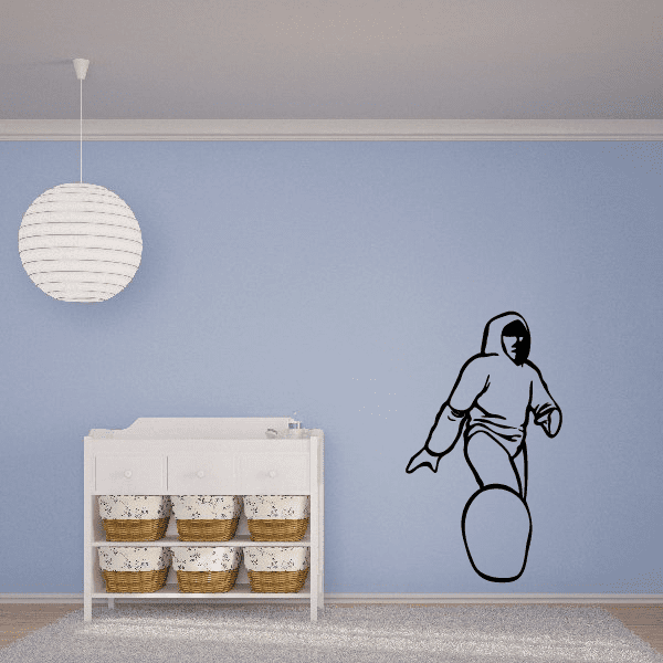 Snowboarding wall decal of a snowboarder figure with black outline and white suit