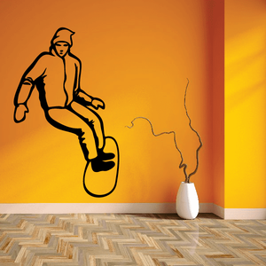 Vinyl wall decal with black outline snowboarding athlete sitting on snowboard
