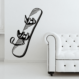 Snowboard wall decal with cartoon snowboard and rider graphic, black-and-white