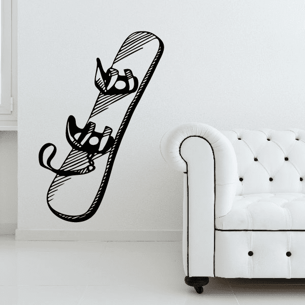 Snowboard wall decal with cartoon snowboard and rider graphic, black-and-white