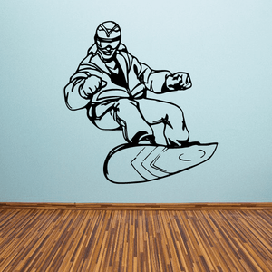 Snowboarding wall decal of a black line-art snowboarder with helmet and board