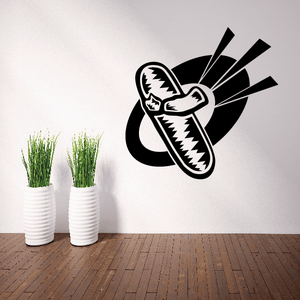 Snowboarding wall decal vinyl: black and white snowboard with boot tips and zigzag details