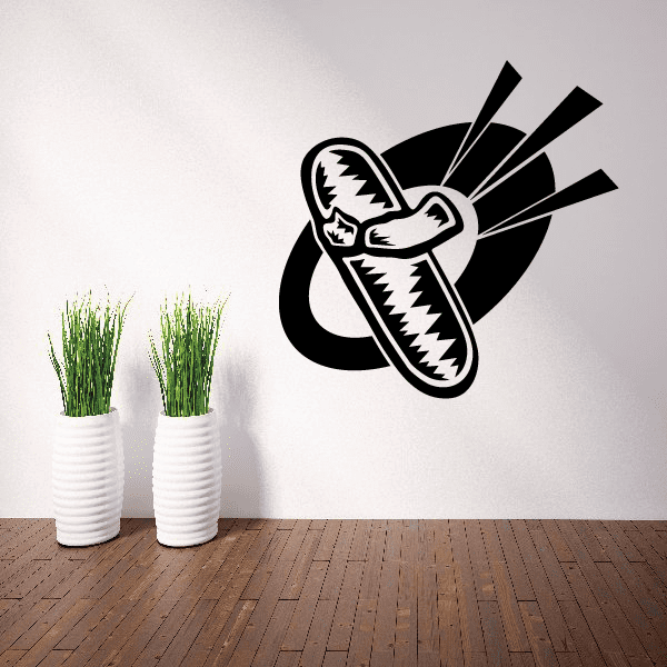 Snowboarding wall decal vinyl: black and white snowboard with boot tips and zigzag details