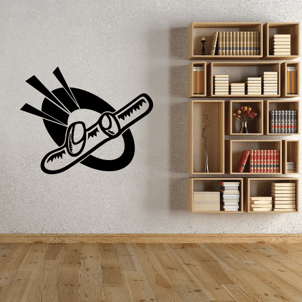 Snowboarding wall decal of black snowboard with goggles and motion lines