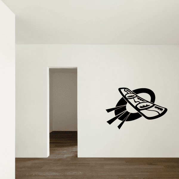 Snowboarding vinyl wall decal with black snowboard graphic and motion lines