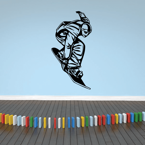 Snowboarding wall decal: black snowboarder silhouette with helmet and gloves